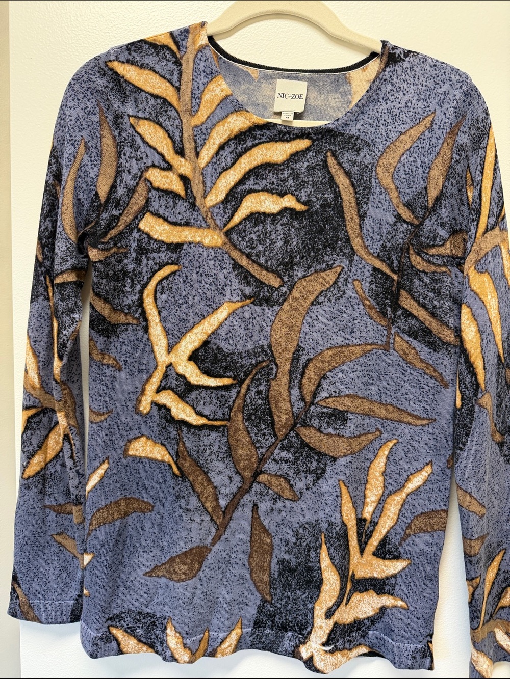NIC+ZOE Midnight Fern Sweater, featuring an eye-catching golden fern leaf print
